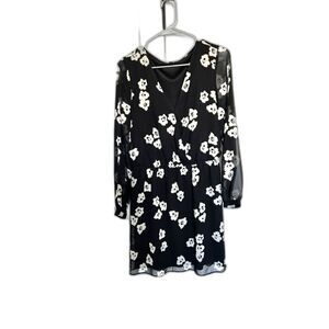 EXPRESS Black White Floral All Over Print Sheer Sleeves Fit Flare Women's Size M